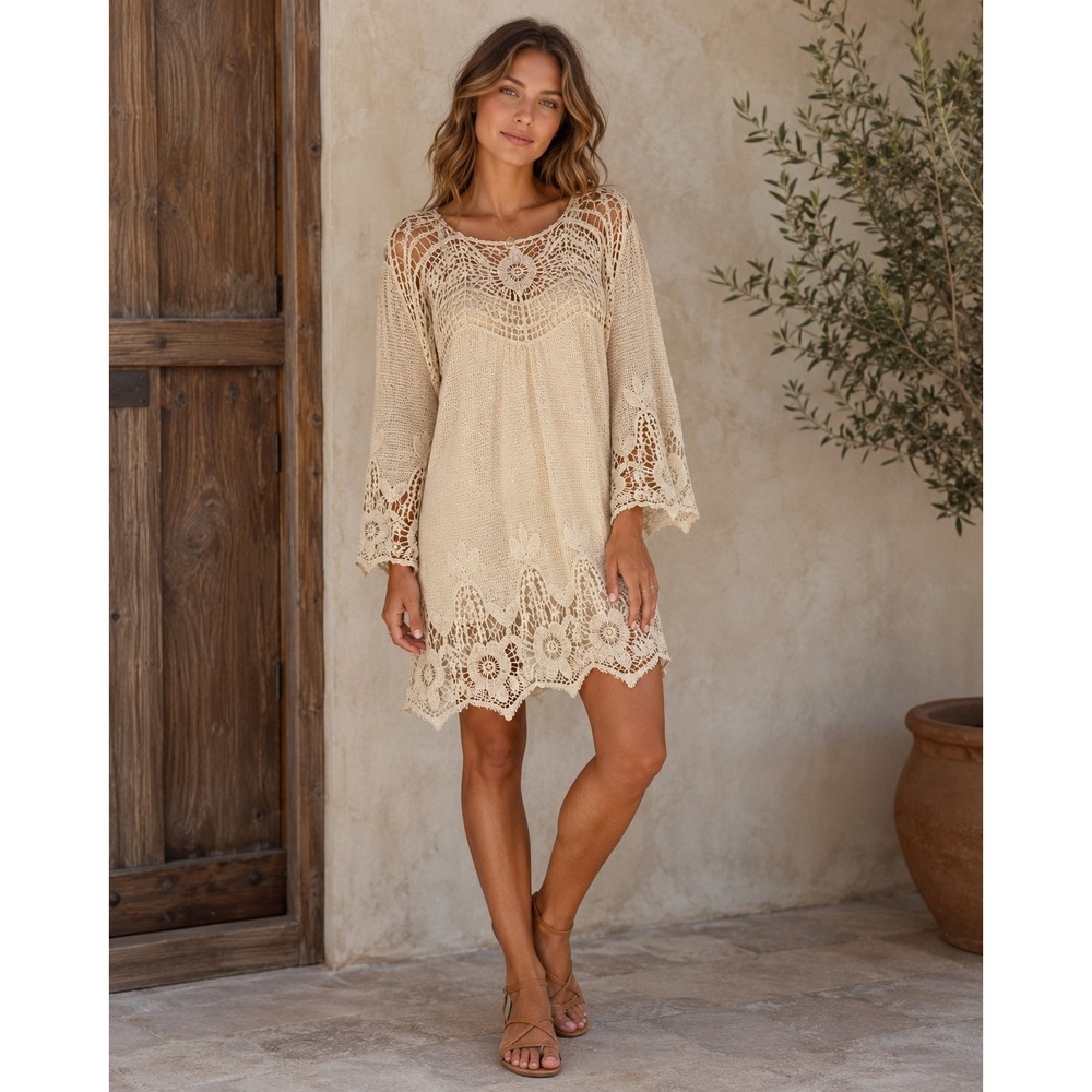 XCVI Crochet Lace Tunic Top Women 3X Beige Boho Floral Long Sleeve Mesh Pullover